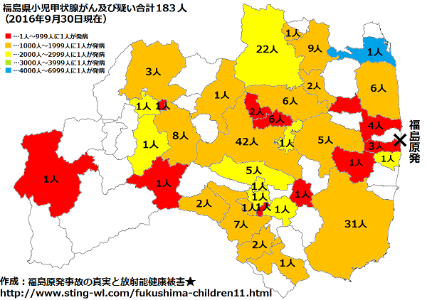 福島県子供の甲状腺がん市町村別地図2016年9月30日版