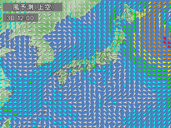 日本、韓国、北朝鮮のの風向き予測（2017年9月3日12:00～2017年9月4日15:00）
