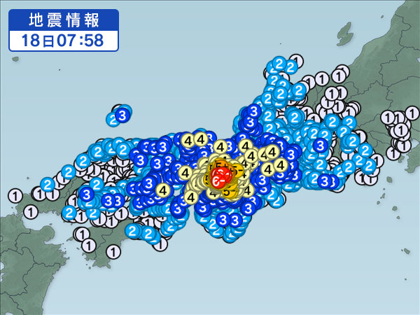 2018大阪北部地震の震源地の場所と震度分布の西日本地図