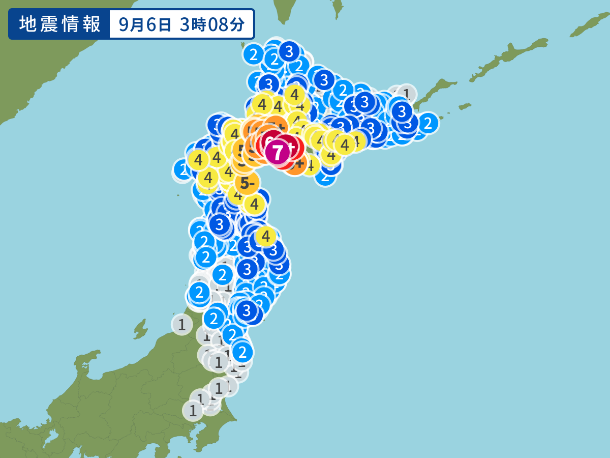 北海道胆振東部地震の震源地の場所と震度分布の東日本地図
