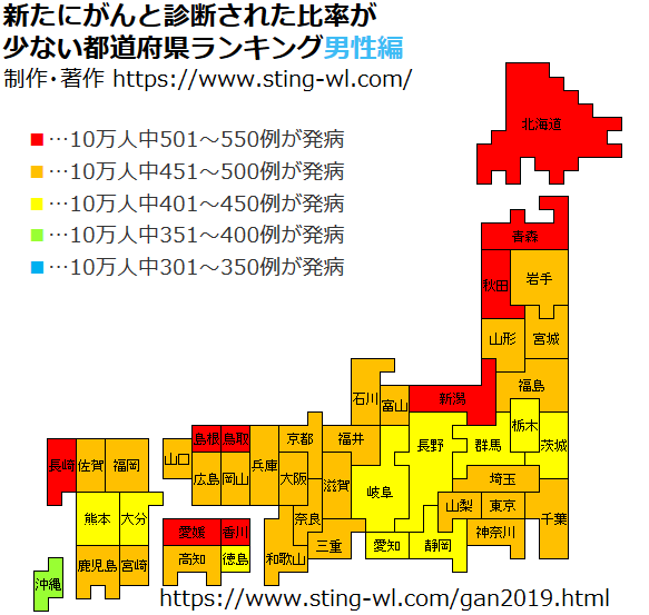 がんと診断された比率が少ない都道府県ランキングと日本地図の男性編