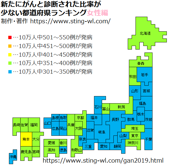 がんと診断された比率が少ない都道府県ランキングと日本地図の女性編